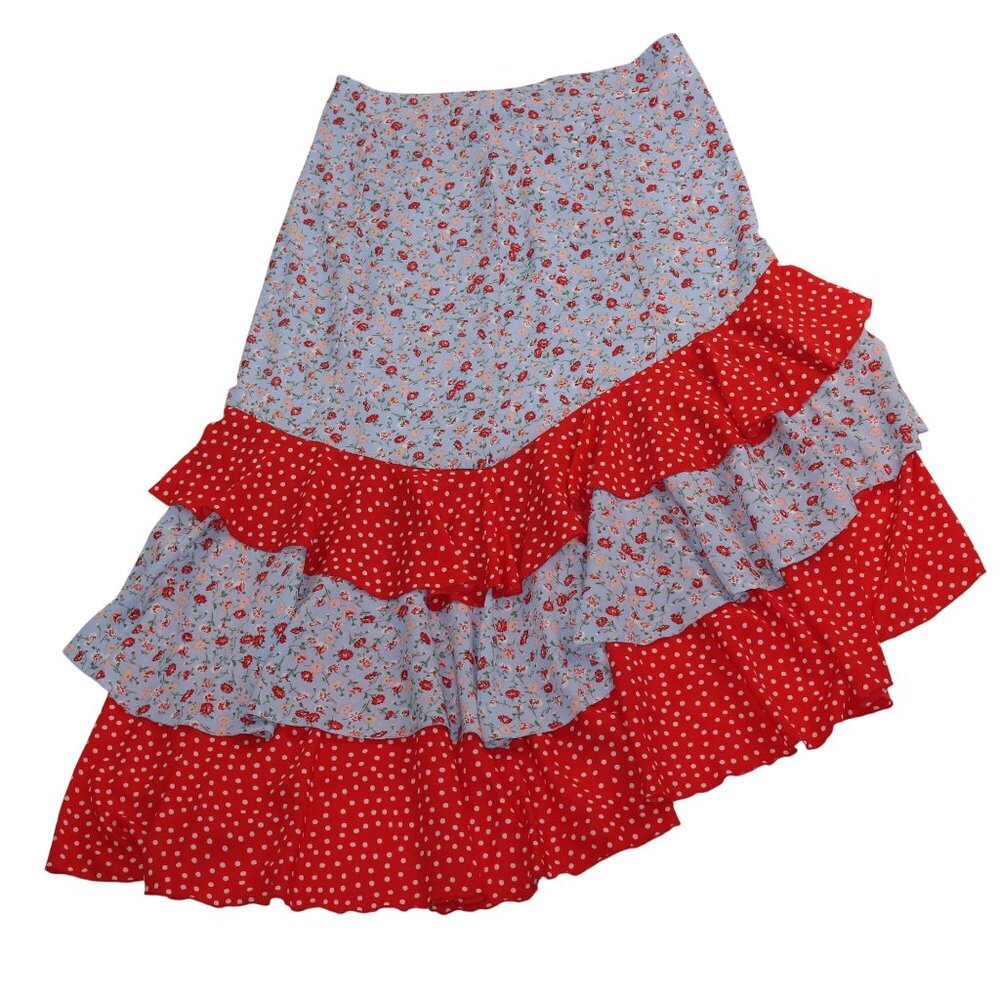 New York & Company Womens Large Red Blue Floral Hi-Lo Hem Ruffled Layers Skirt - Picture 2 of 10
